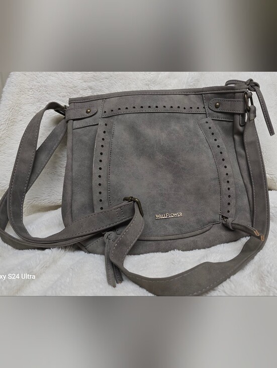 Wallflower Handbags - Wallflower Gray Suede Crossbody Shoulder Bag with Perforated Trim